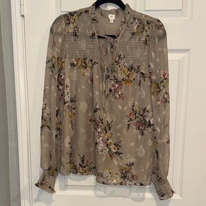 Taupe Floral Tie-Neck Blouse with Smocked Yoke E1